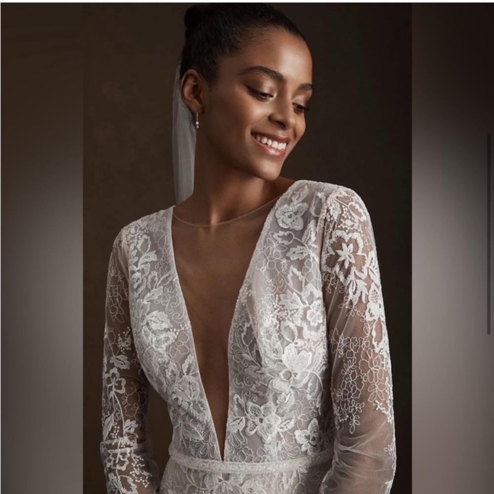 BHLDN Riki Dalal Joan Illusion V-Neck Long Sleeve Lace Wedding Gown size 8 NWT - Picture 4 of 16